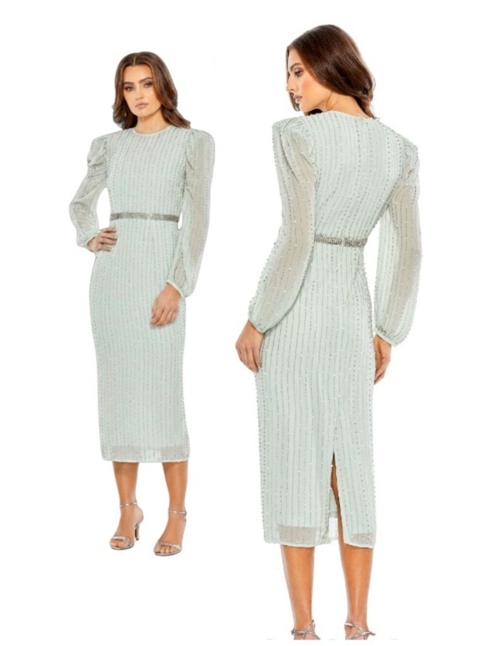 MAC DUGGAL Mint Green Long Puff Sleeve 93622 Beaded Midi Dress Size 10 New